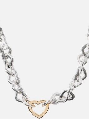 Two-Tone Heart Link Necklace - Silver & Gold